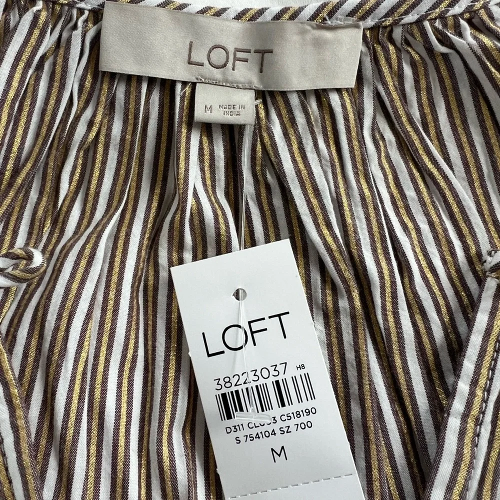 LOFT Women's Blouse - Brown and White and Gold shimmer Stripes - Picture 2 of 6